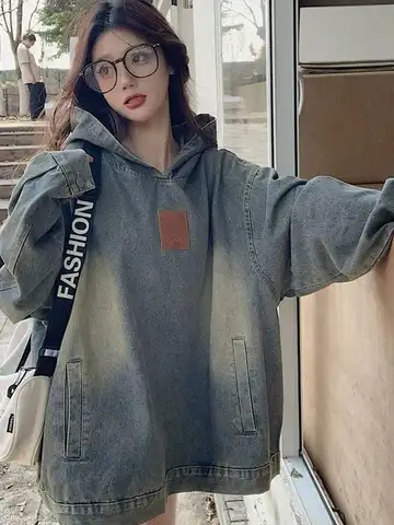 여성용 스웨트셔츠 루즈핏 후드 여성용 빅사이즈 아메리칸 스타일 빈티지 데님 스웨트셔츠 후드티 스웨트셔츠