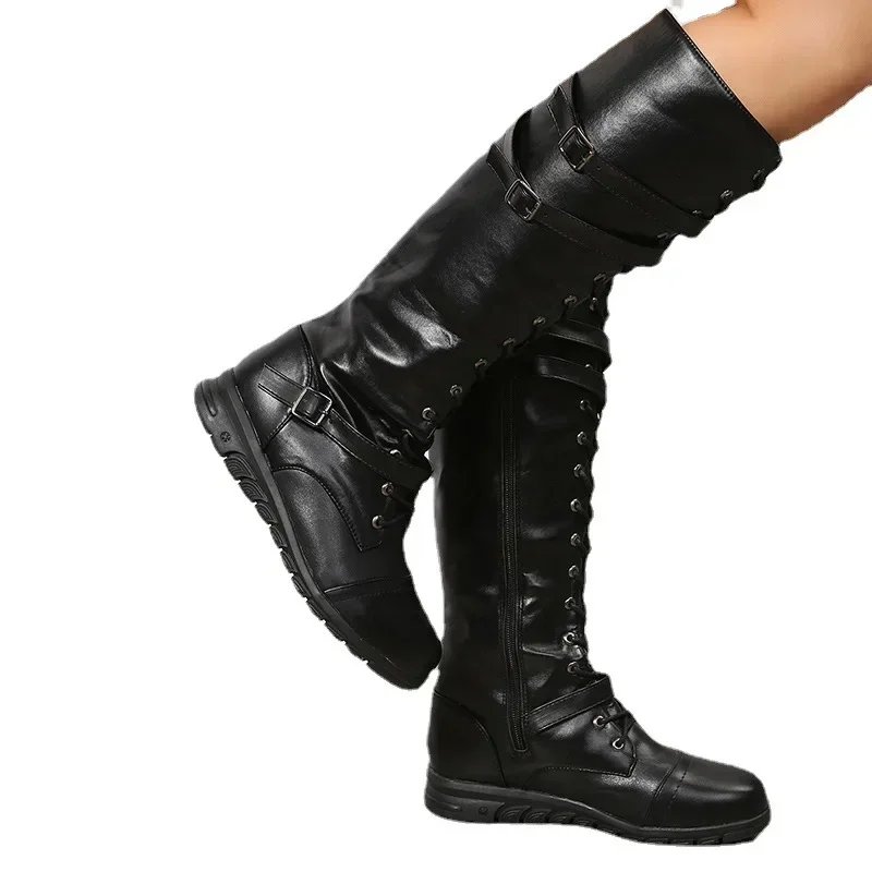 Knee High Boots Women Fashion Buckle High Tube PU Leather Boots Woman Zip Low Heels Long Botas Mujer Plus Size 43