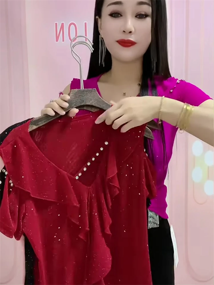 Summer 2024 Fashion High-End Diamond Embedded Design Short Sleeve Women's Slimming Versatile Half Sleeve Trendy Korean Style ...