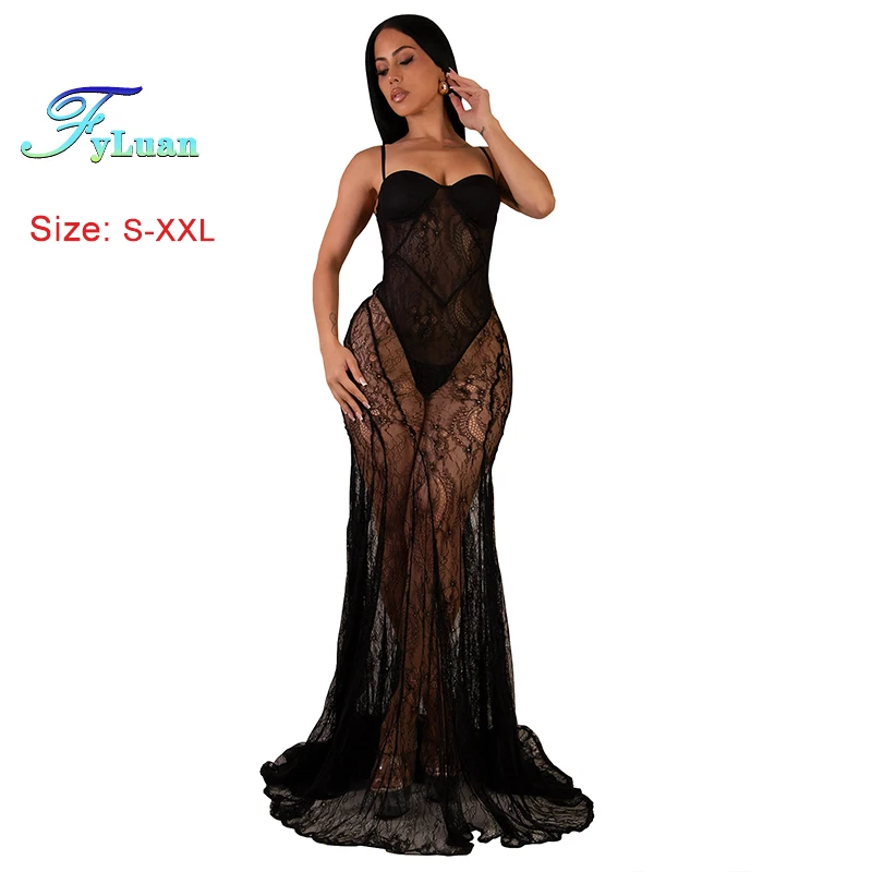 New Fashion Women Clothing Sexy Suspender Dress Lace Semi Perspective Evening Gown Sleeveless Slimming Fishtail Dress Long Dress