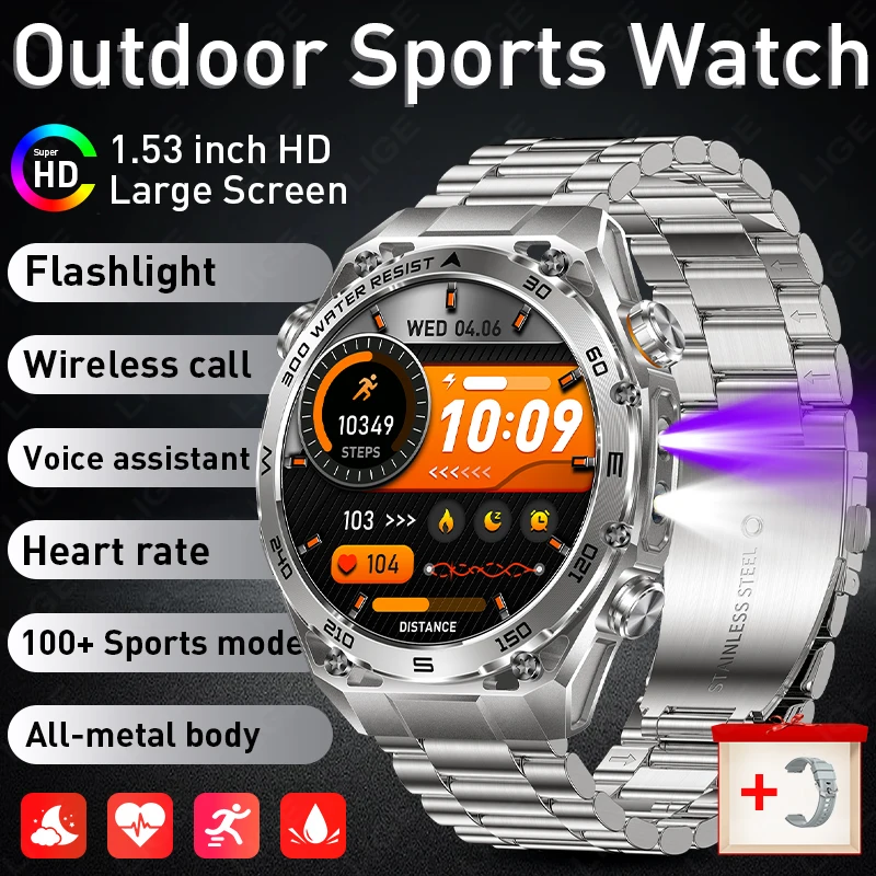 

FOXBOX 2026 Smart Watches Durable 1000mAh Battery Heart Rate Sleep Monitor Flashlight Bluetooth Call Men Luxury Metal Smartwatch