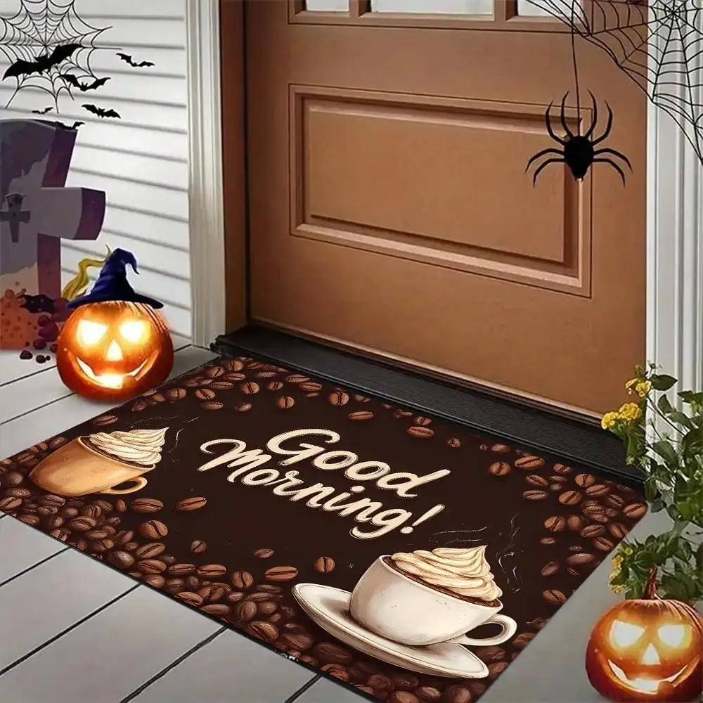 A Contemporary Rug Doormat Featuring Coffee Cups Topped With Whipped And Coffee Beans, Suitable Decorating Bedrooms, Living Rooms, Kitchens, And Indoor Holiday