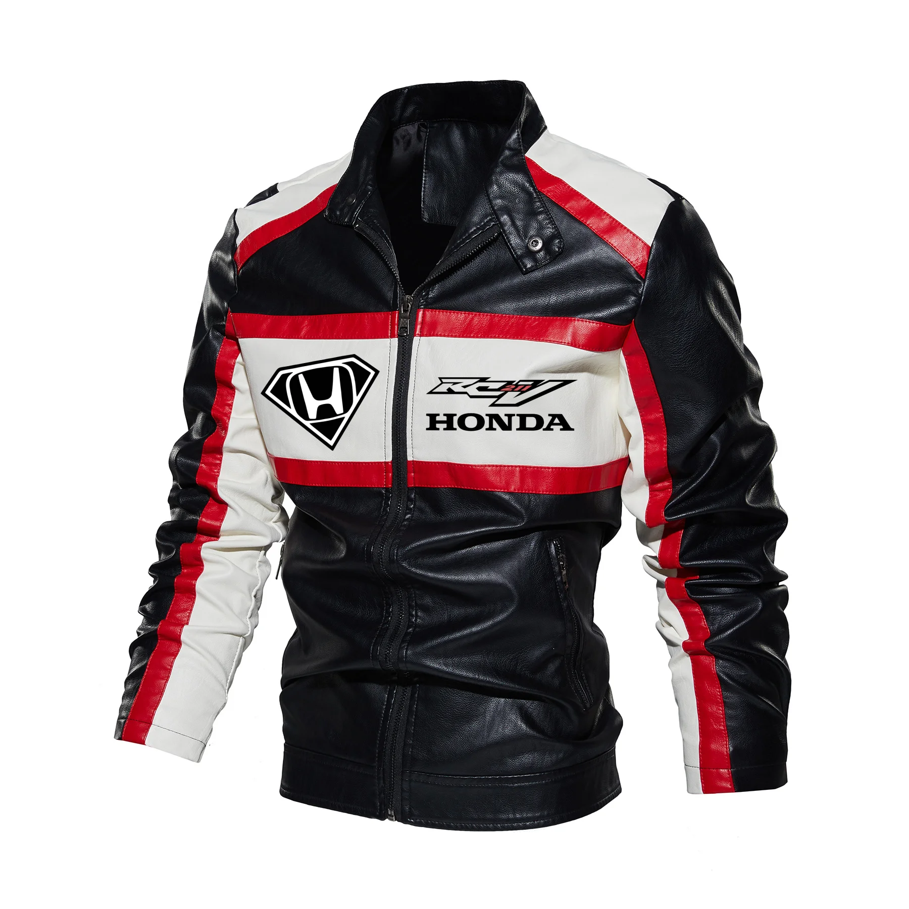 Honda baseball jacket with layered leather sleeves, standard design, printable for customised leather, men's leather jacket