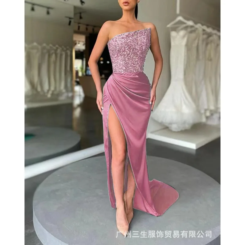 2024 Spring Summer New Green Sequined Fairy Long Sleeveless Fashion Dress Mid Evening Dress Strapless Sexy Formal