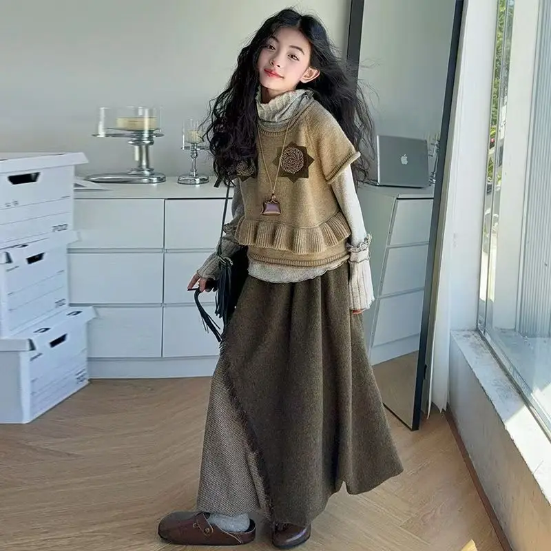 Girls' Autumn Fashion Versatile Set 2026 New Style Girls' Children's Bottom Shirt Vest Dress 3-Piece Set