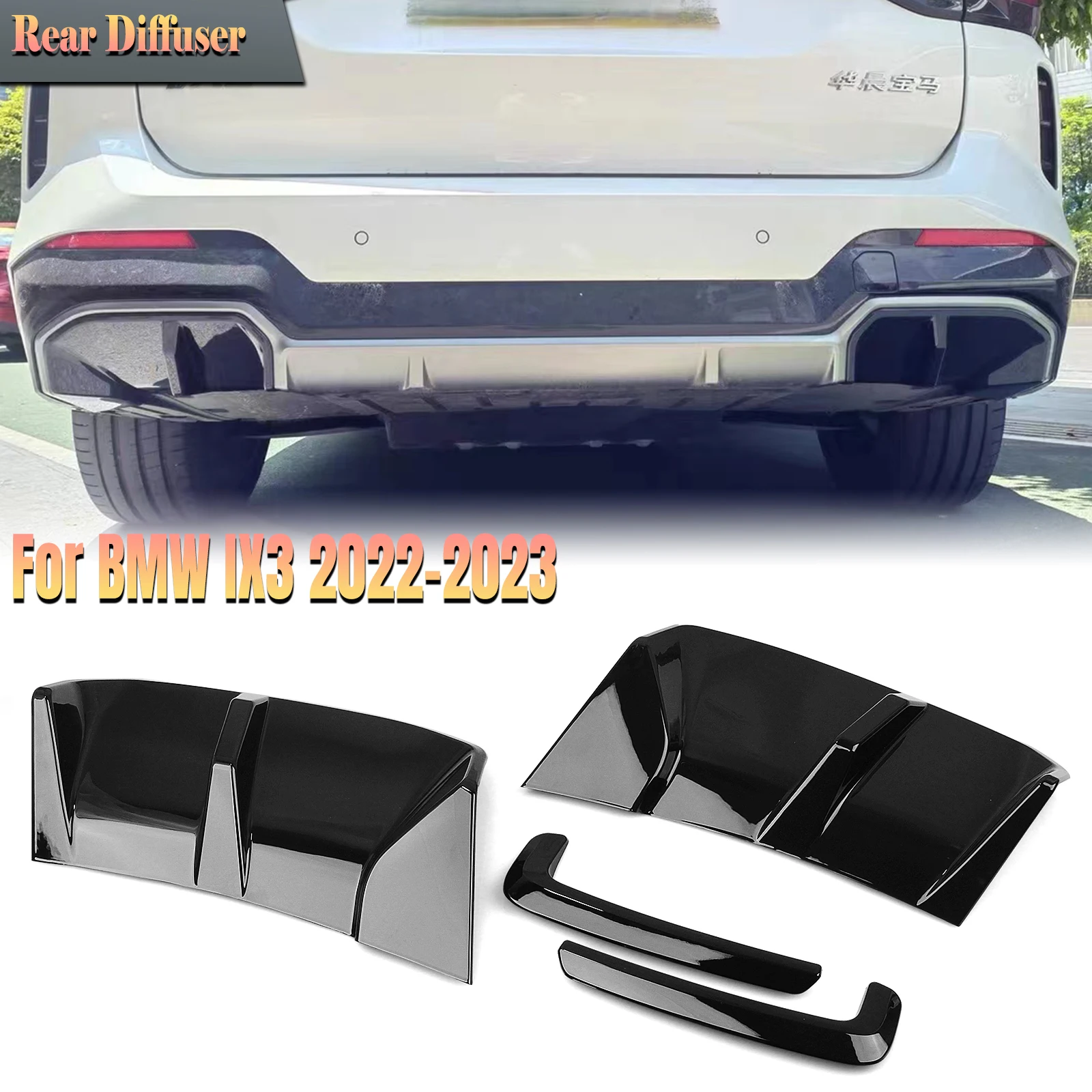 

For BMW IX3 2022-2023 Car Rear Bumper Side Spoiler Splitter Cover+Fog Light Lamp Cover Frame Trim Glossy Black