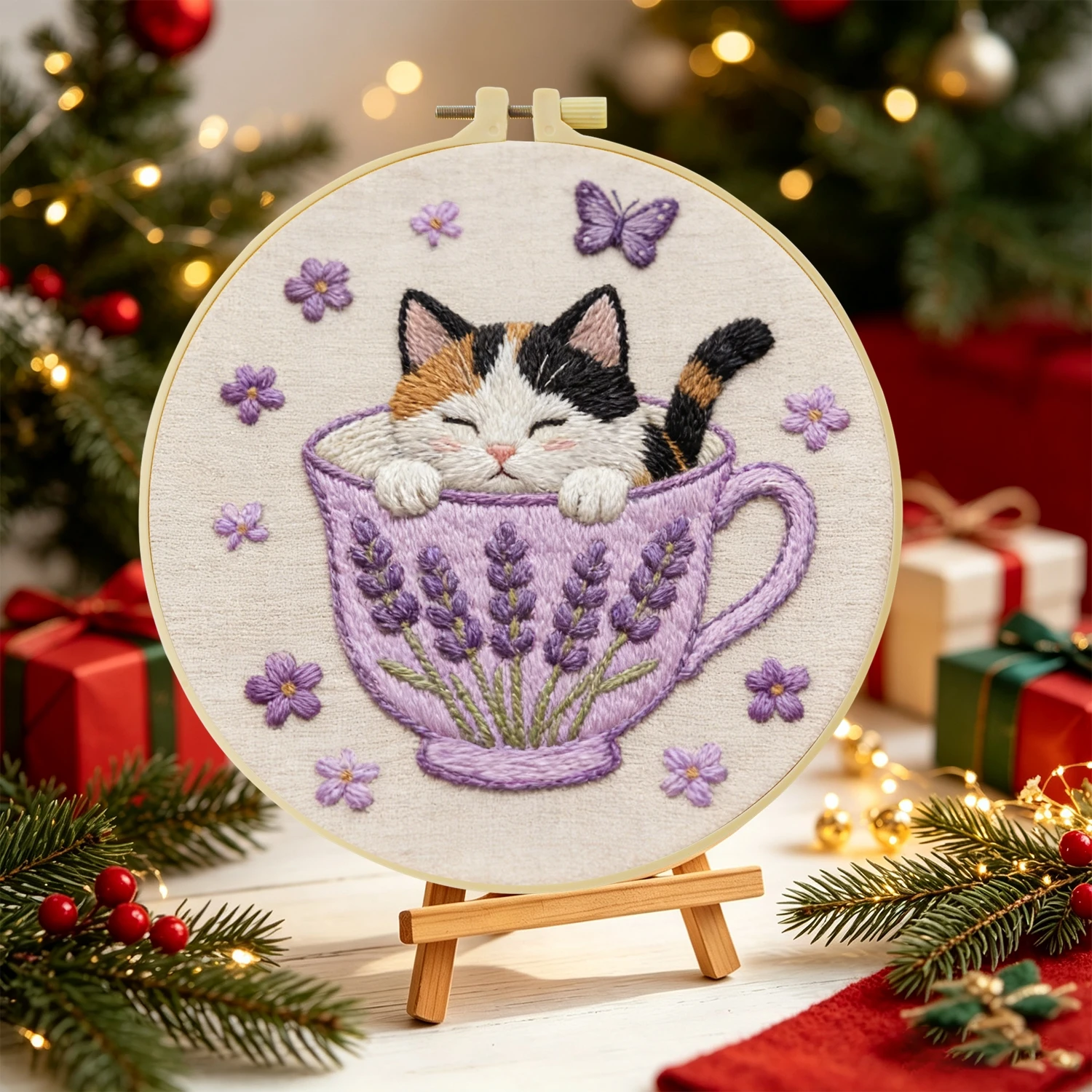 1 Set Lavendel-Teebecher-Katze DIY-Stickerei-Set für Anfänger, Stickerei-Starter-Kit, Kreuzstich-Kunstgeschenk, Handarbeits-Bastelset – Detail 5