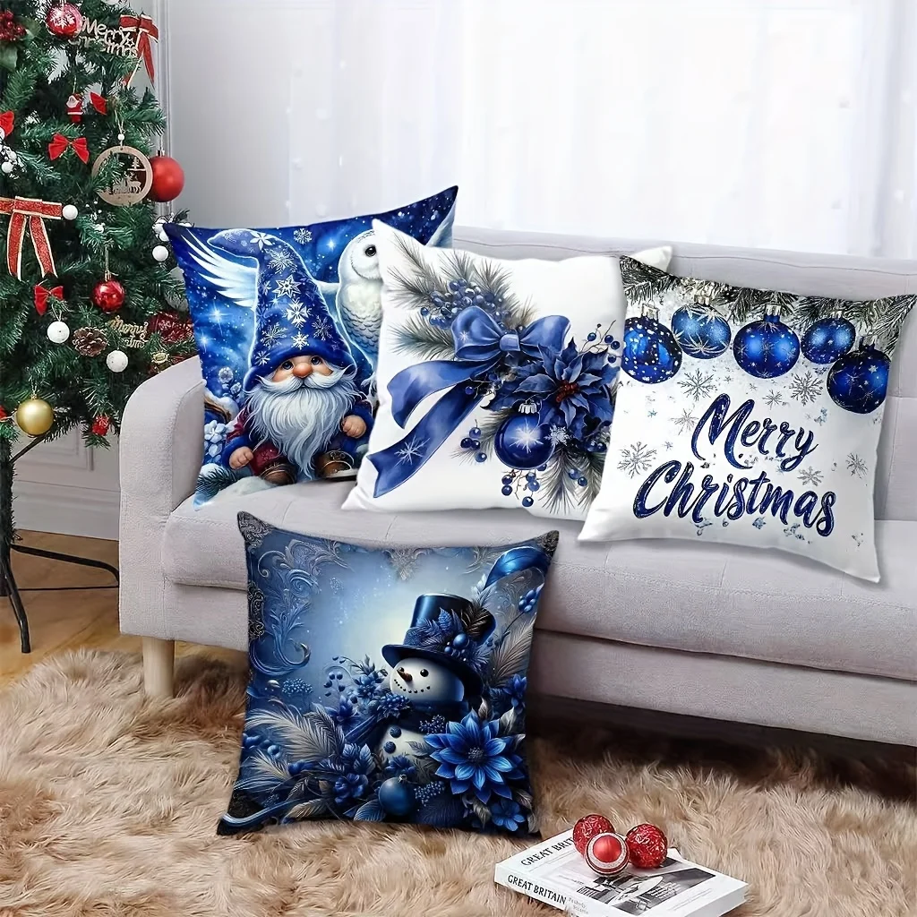 Juego  fundas  almohada  4 piezas con tema naviño azul, que incluye diseños  hombre  nieve azul, gnomo, águila y bol