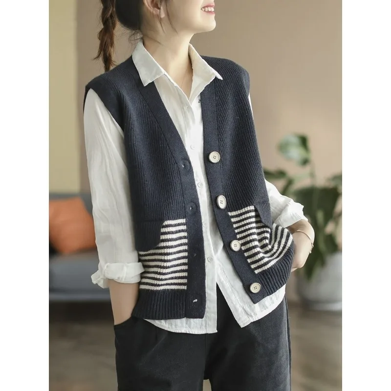 女性用ノースリーブVネックニットセーター,ルーズベスト,多用途,日本,レトロ,怠惰なスタイル,シンプル,スタック,秋,2024