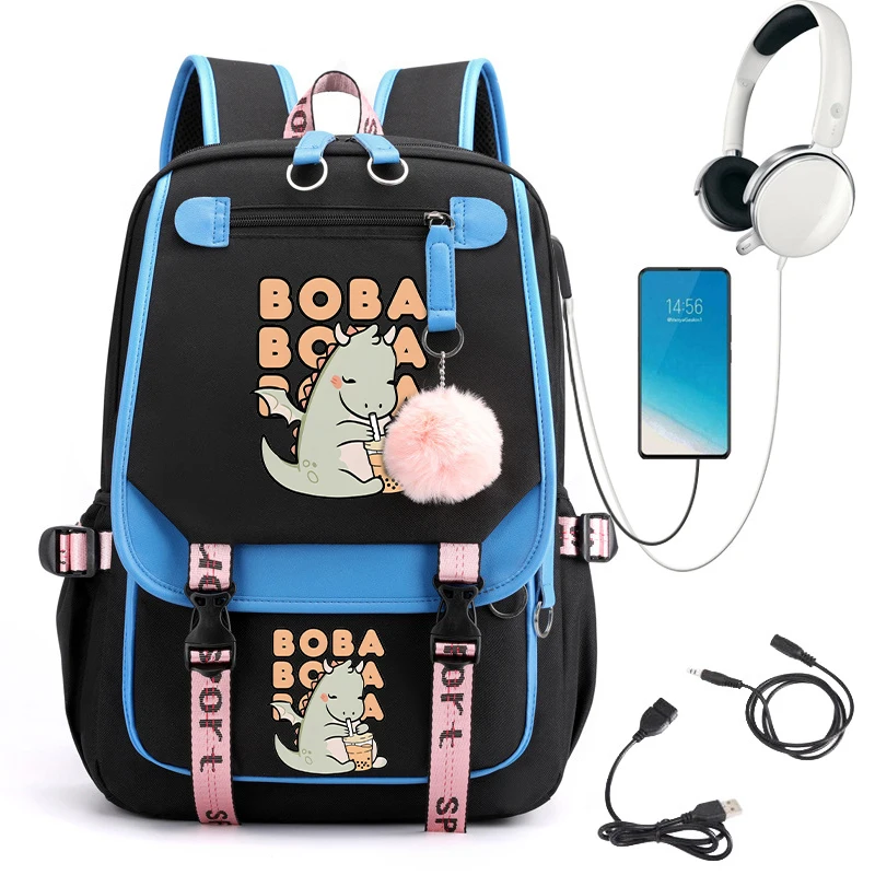 DINOSAUR BUBBLE MILK TEA Print School Bags for Student Backpack Cartoon Teenager Backpack Back To School Schoolbag Usb Bagpack