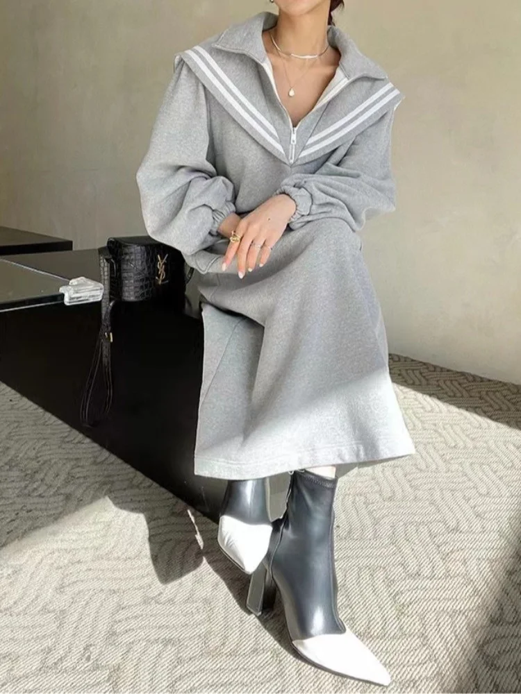 

Casual Winter Long A-Line Dr Women's Loose Lazy Sle College Aosphere Sensation Korean System Dr Commute Pure Color