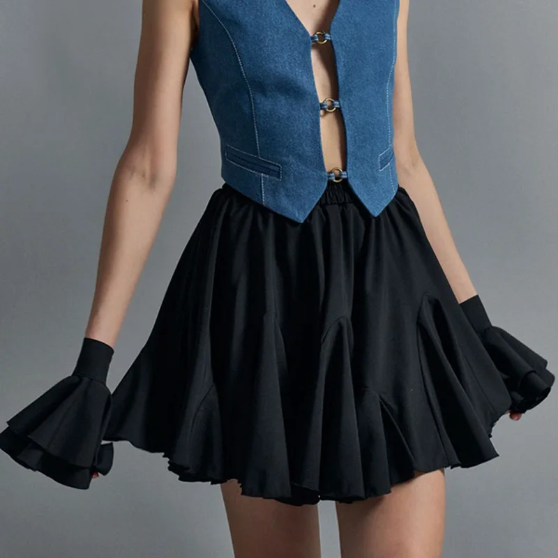 Women's Summer White Mini Skirt High Waist A-Line Vintage Ruffle Tennis Style Black Elastic Waist Cute Ruffle Short Skirts