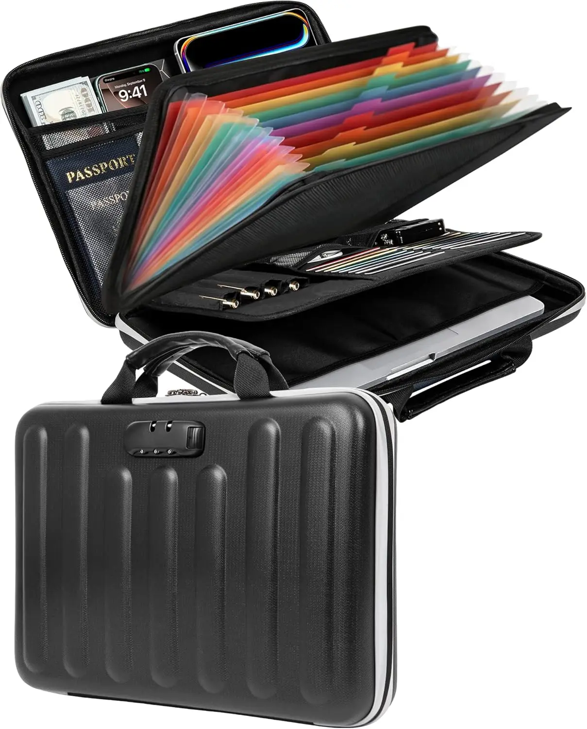 

Fireproof file box, hard-shell file organizer with lock, 13-pocket accordion-style file bag with reflective strips