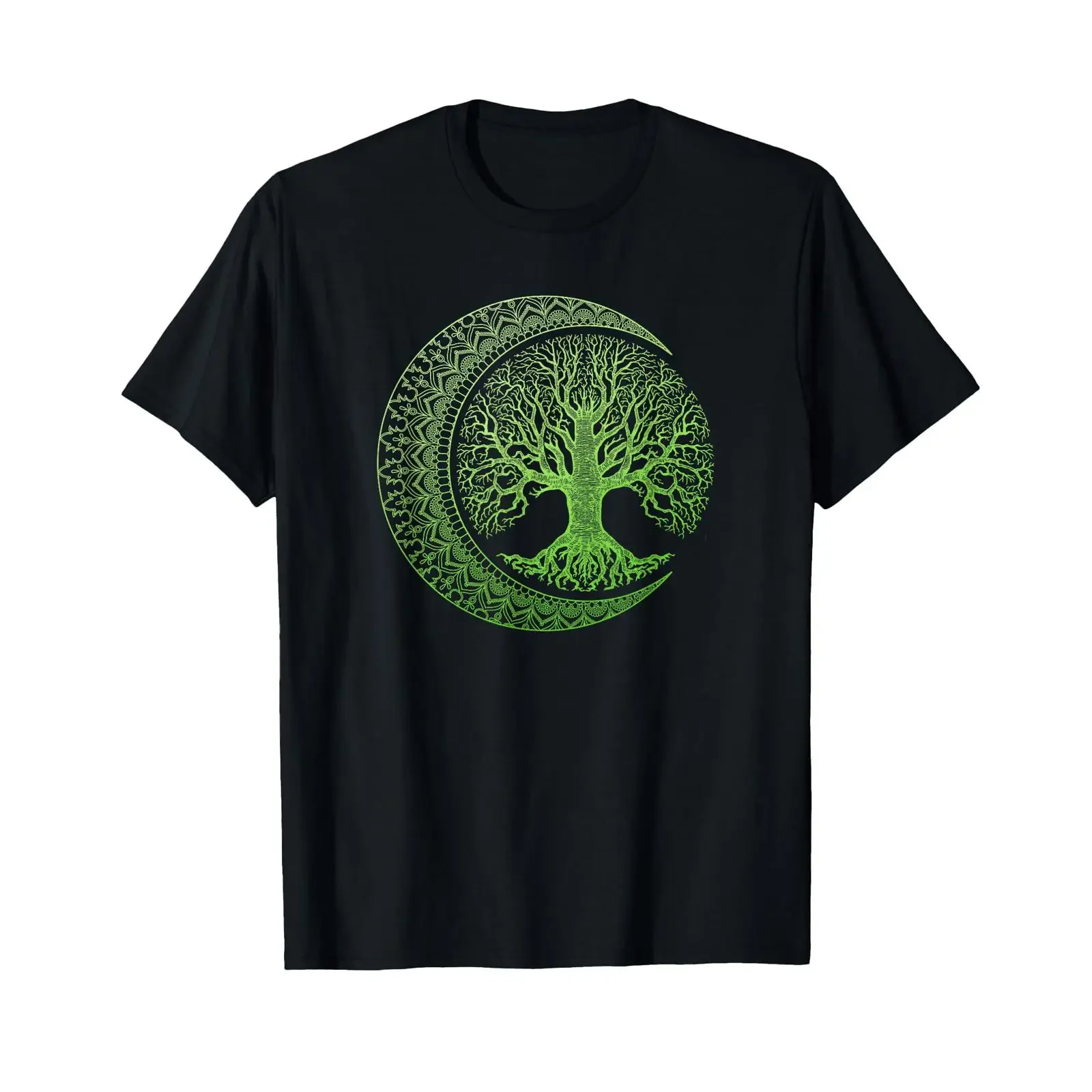 Green Tree of Life Cresent Moon Phases Mandala Yoga T Shirt vintage Washed Versatile Casual Unisex Stylish graphic Breathable