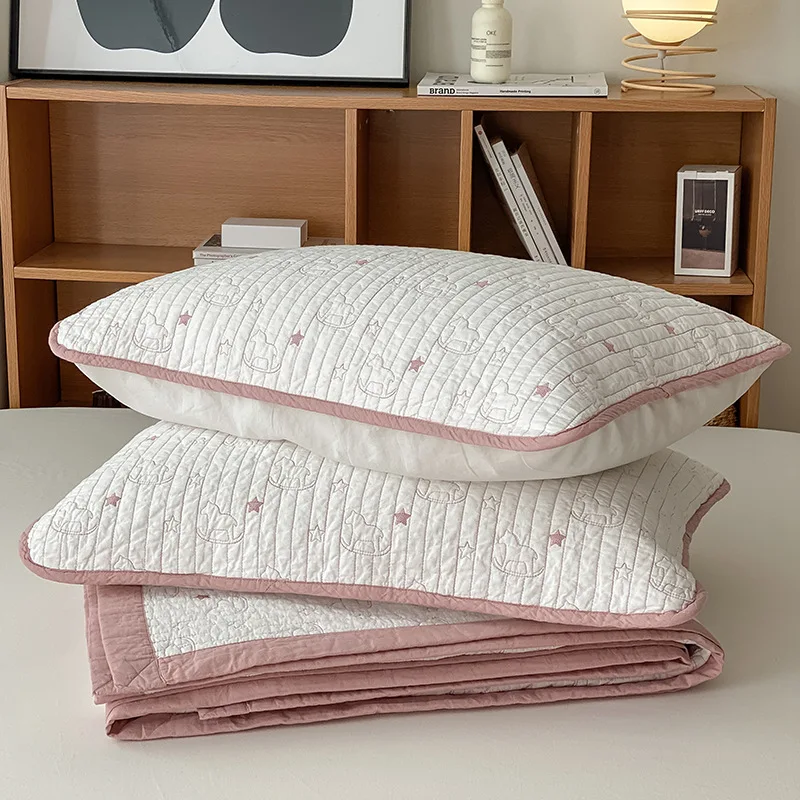 

Korean 100% Cotton Quilted Coverlet Set 3PCS, Cartoon Embroidery Lightweight Thin Quilt, Soft Breathable Bedspread for All Seaon