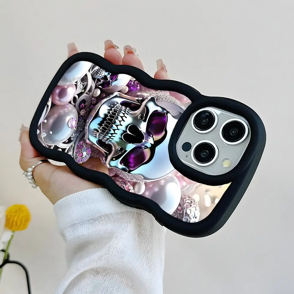 

Роскошный серебристый чехол для телефона с черепом для iPhone 17 16 15 14 13 12 11 Air Pro Max Plus, с волнистым краем, из ТПУ, разноцветный, люксовый