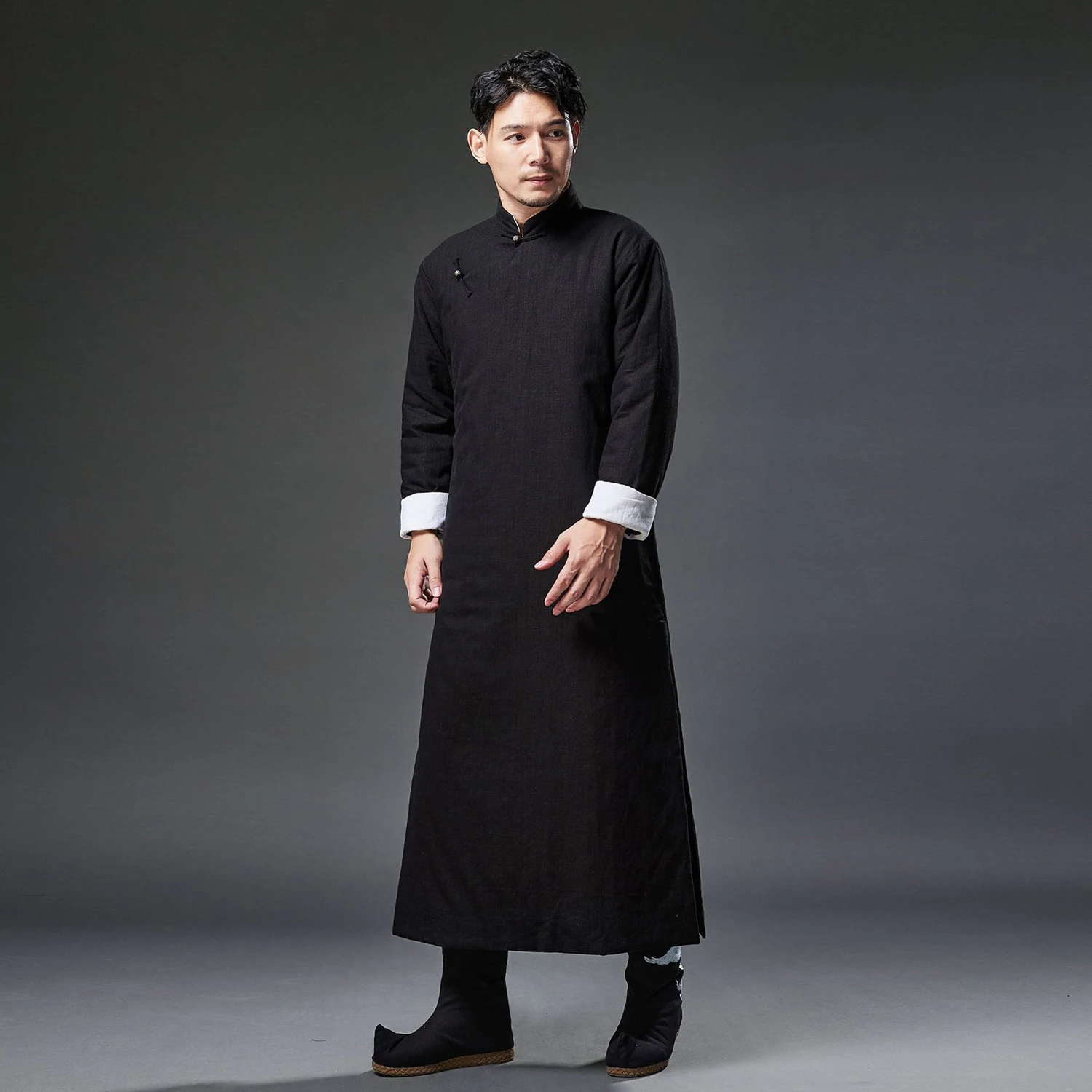 LZJN メンズ 秋冬唐スーツ 綿入り麻 無地 中国結び 綿入りロングコート (山西安マグア)