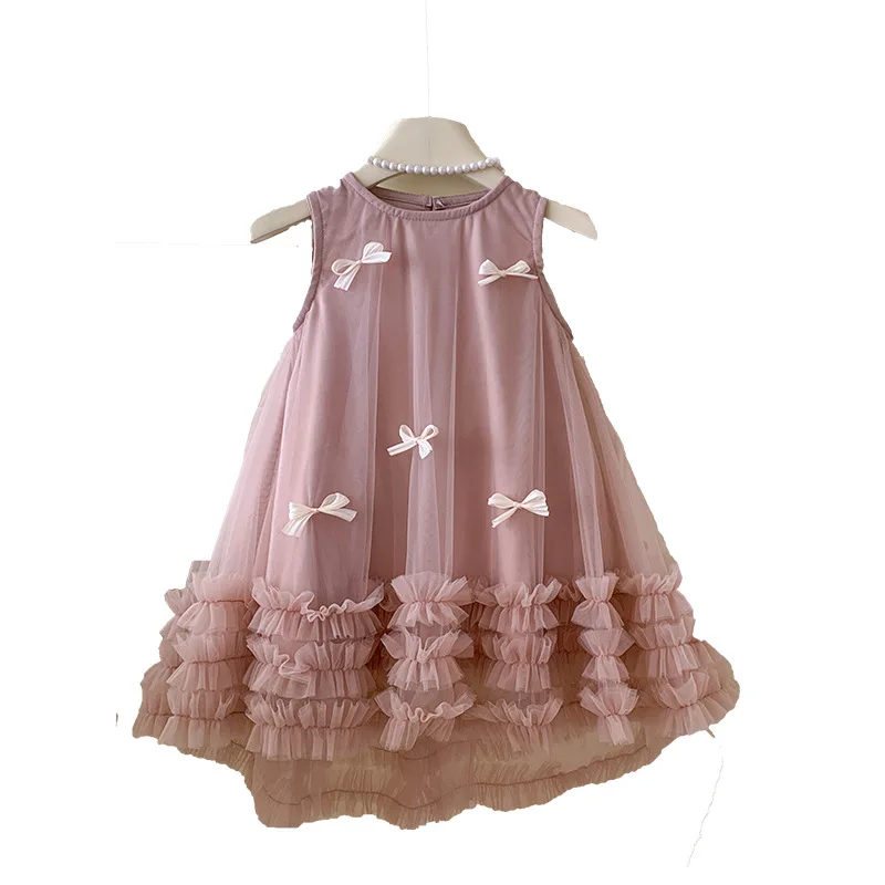 New Sleeveless Bow Mesh Dress Girls Summer Fluffy Tulle Dress Kids Breathable Comfortable Baby Casual Dress Children Performance