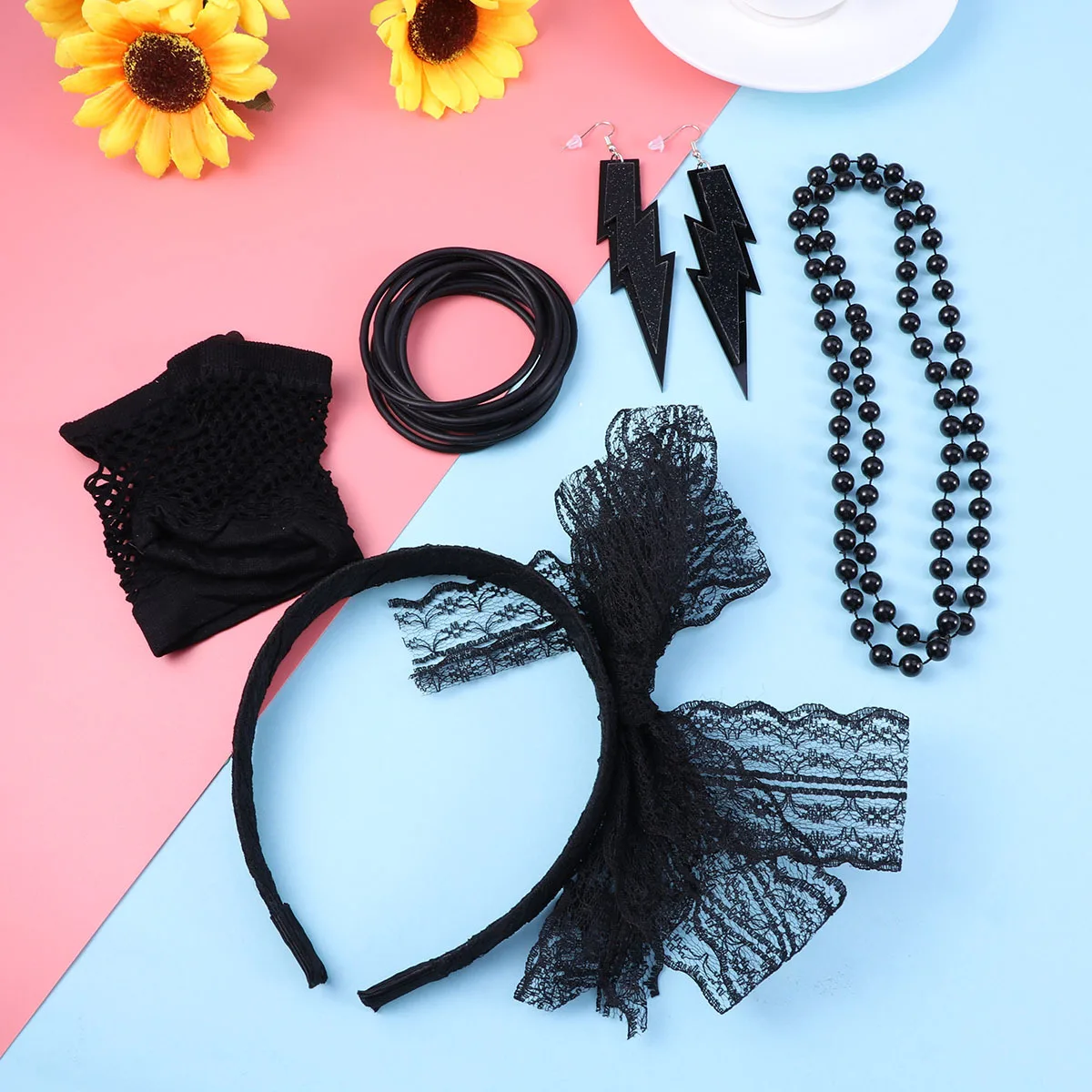 

5-Piece 80s Dress Accessories Set Colorful Lace Headband Fishnet Gloves Bracelets Necklace Earrings Party Costume Accessories