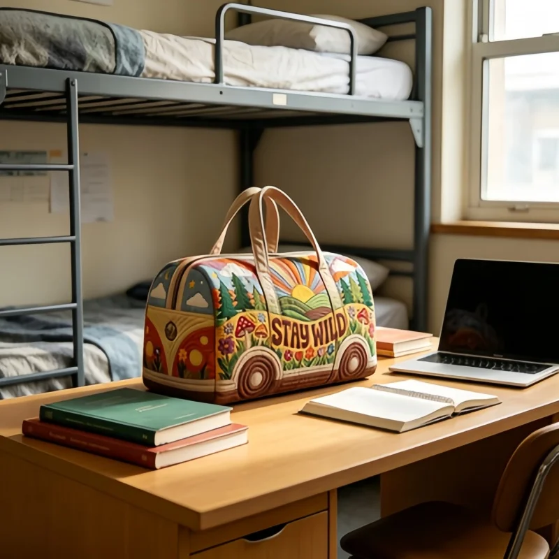 

1pc Boho Hippie Weekender Bag, 3D Quilted "STAY WILD" Van Duffle Bag, Floral Mushroom Travel Bag for Gym Beach