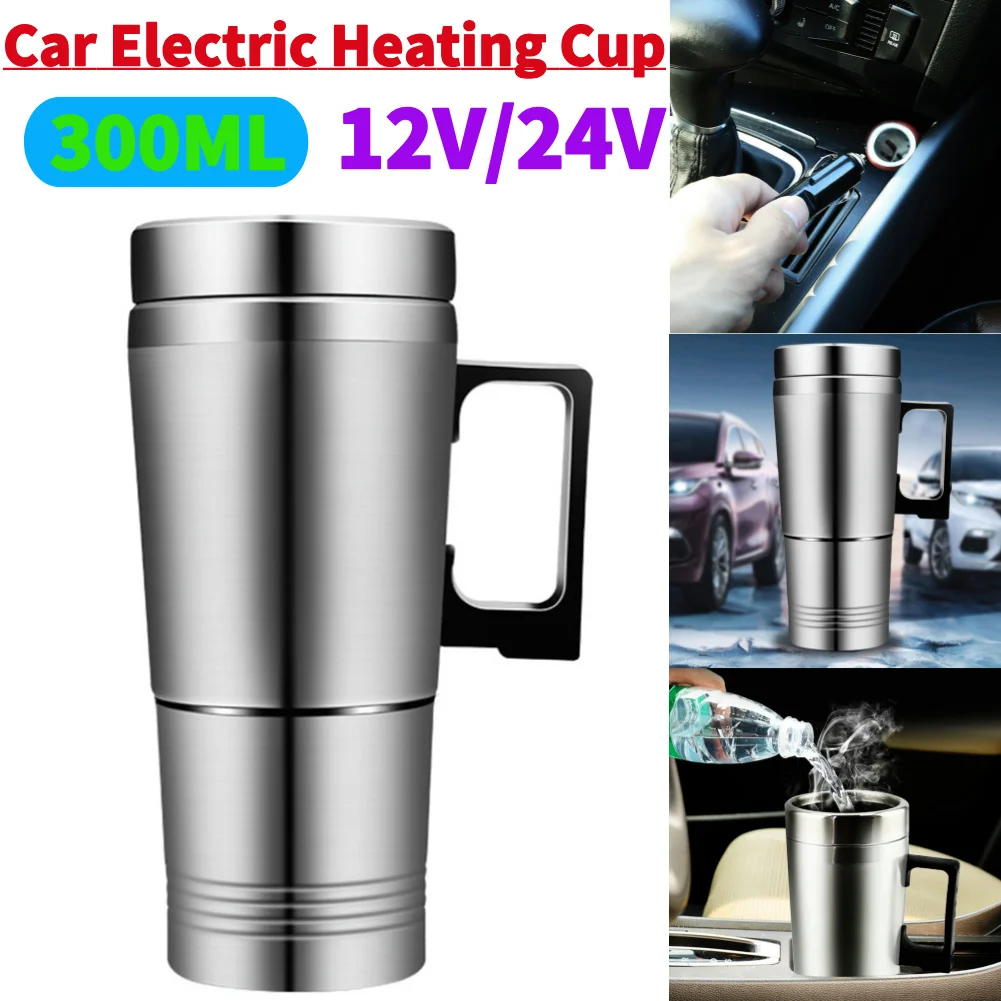 12V/24V Electric Heating Car Kettle Water Coffee Milk Thermal Mug 300ML Stainless Steel Water Heater Bottle Insulated Drink Mug