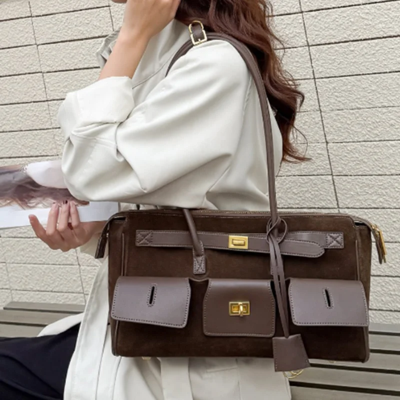 

Women's Genuine Leather Tote Bag Luxury Belt Buckle Design Trendy Large Capacity Shoulder Retro Underarm Bag For Shopping Travel