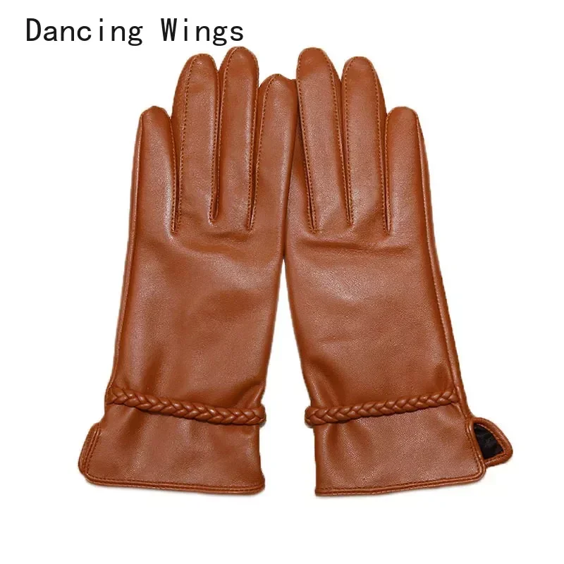 Driving Gloves Female  Real Leather Women Gloves Thermal Plushed Lined Fashion Elegant Wrist Braid Lambskin XXL Size