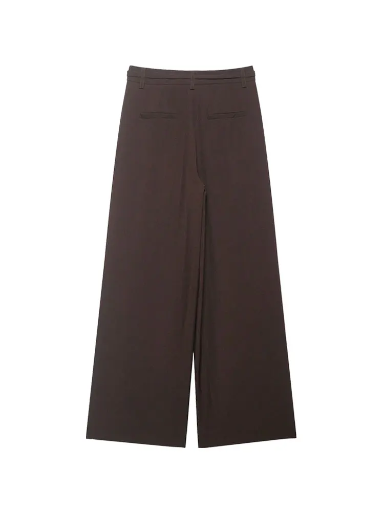 Women's Fashion Wide-Leg Pants with Belted Front Darts, Side Pockets, Solid Color Trousers, Suitable for Casual Office Wear