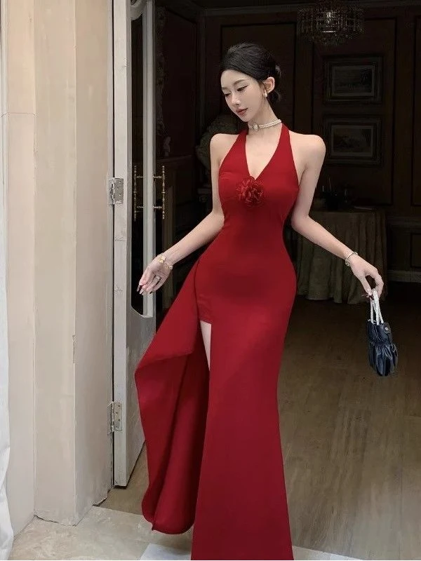 Sexy Rode Bloemen 3D Ne Hangend Dr Body een Taille in Trekrok High-End Gevoel Ele Lange Svel Dames Dr