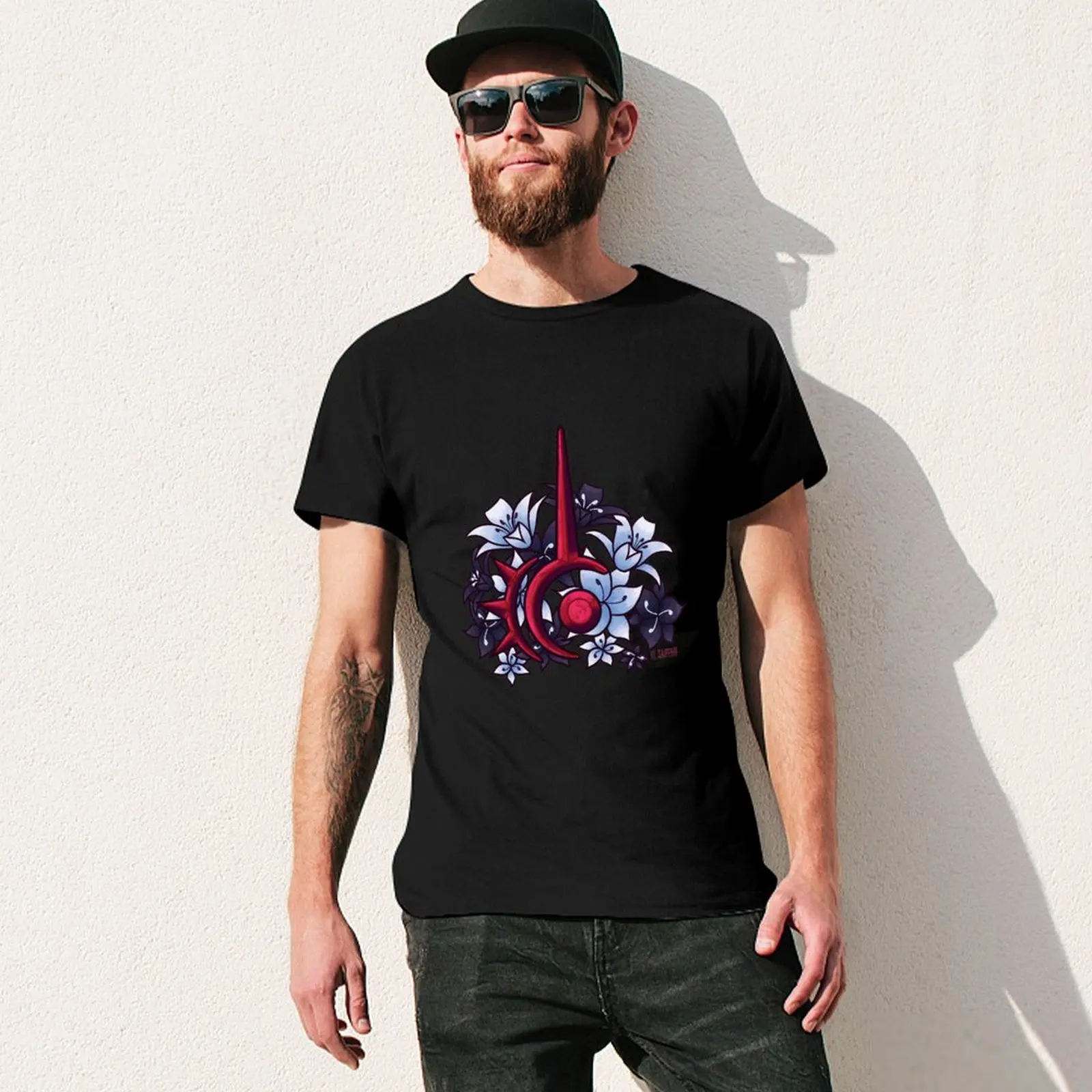 FFXIV Red Mage Job Symbol with Flowers T-Shirt Basic Breathable Solid Color T-Shirt view 3