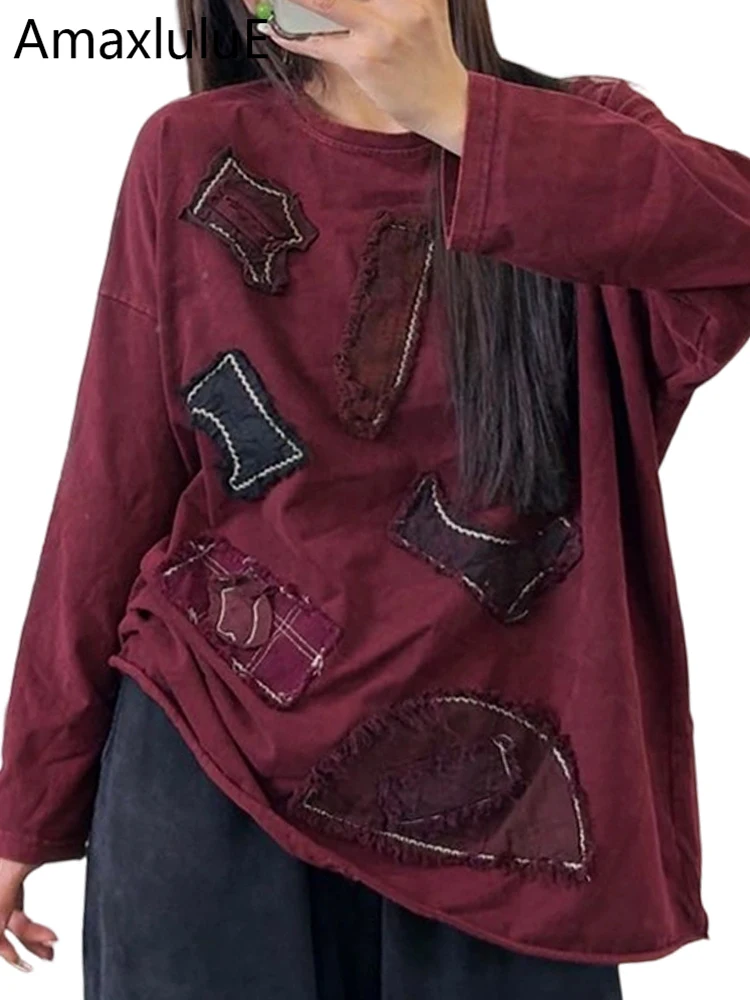 

Amax LuluE 2026 Korean Loose Vintage O Neck Tops Women Spring Casual Fashion Clothes Ladies Classic Patchwork Elegant Tee Shirts