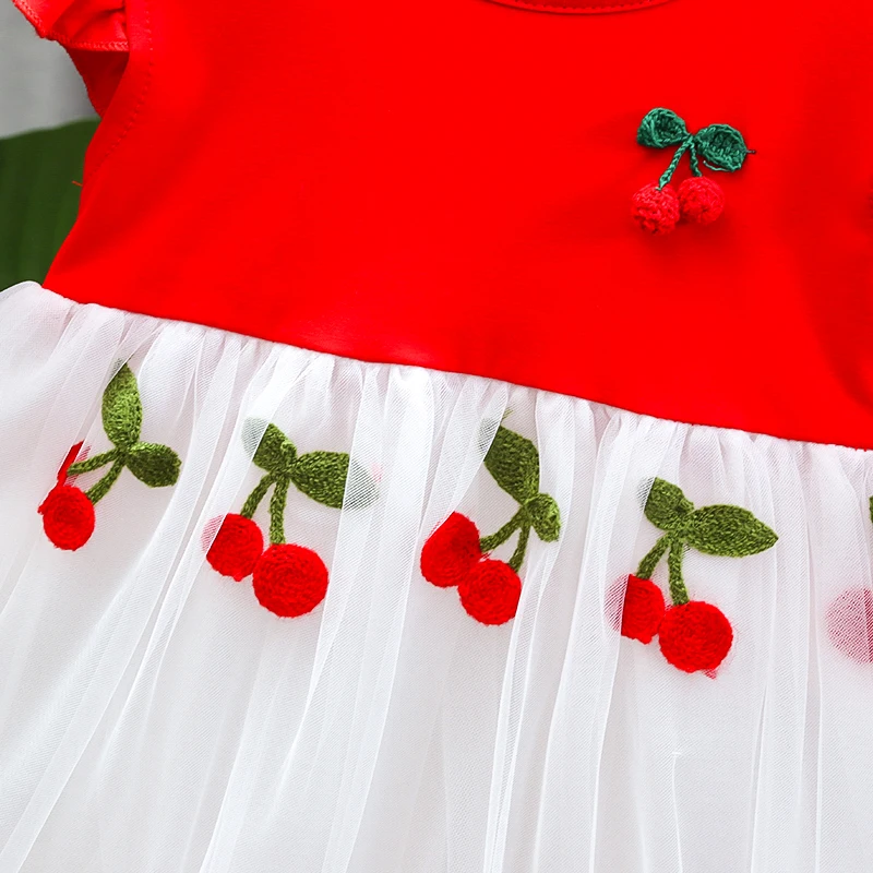 Summer Fly Sleeve Baby Girl Dress Mesh Short-sleeved Dresses Stitching Embroidery Yarn Skirt Cotton Cherry Princess Skirt 0-3Y