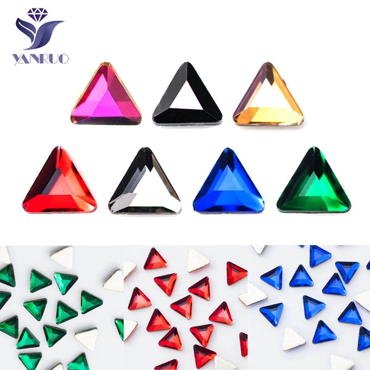 YanRuo 100pcs 3mm Flat Top Triangle Multicolor Crystal Glass Glitter DIY Beauty Accessories Rhinestones For Nail Art Decorations