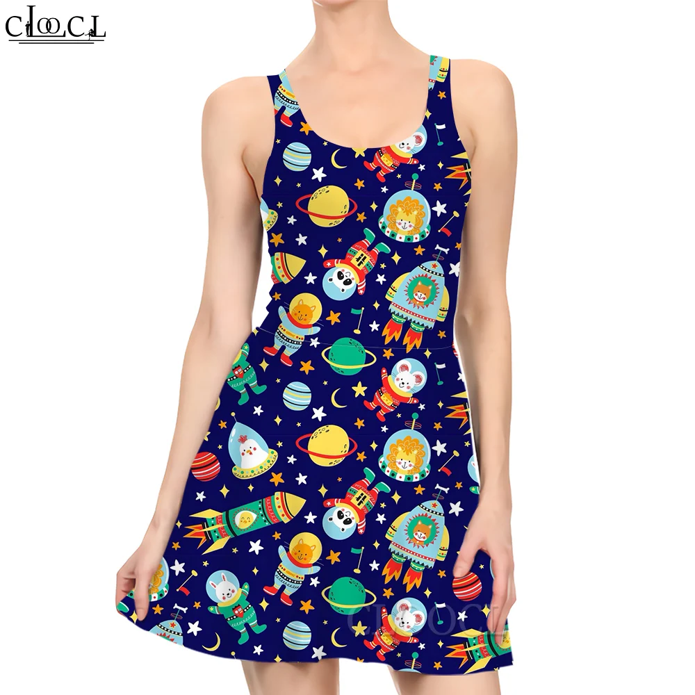 CLOOCL Women Dress Cartoon Astronaut 3D Graphics Printed Summer Female Sexy Dress Fashion Sleeveless Pleated Beach Dresses