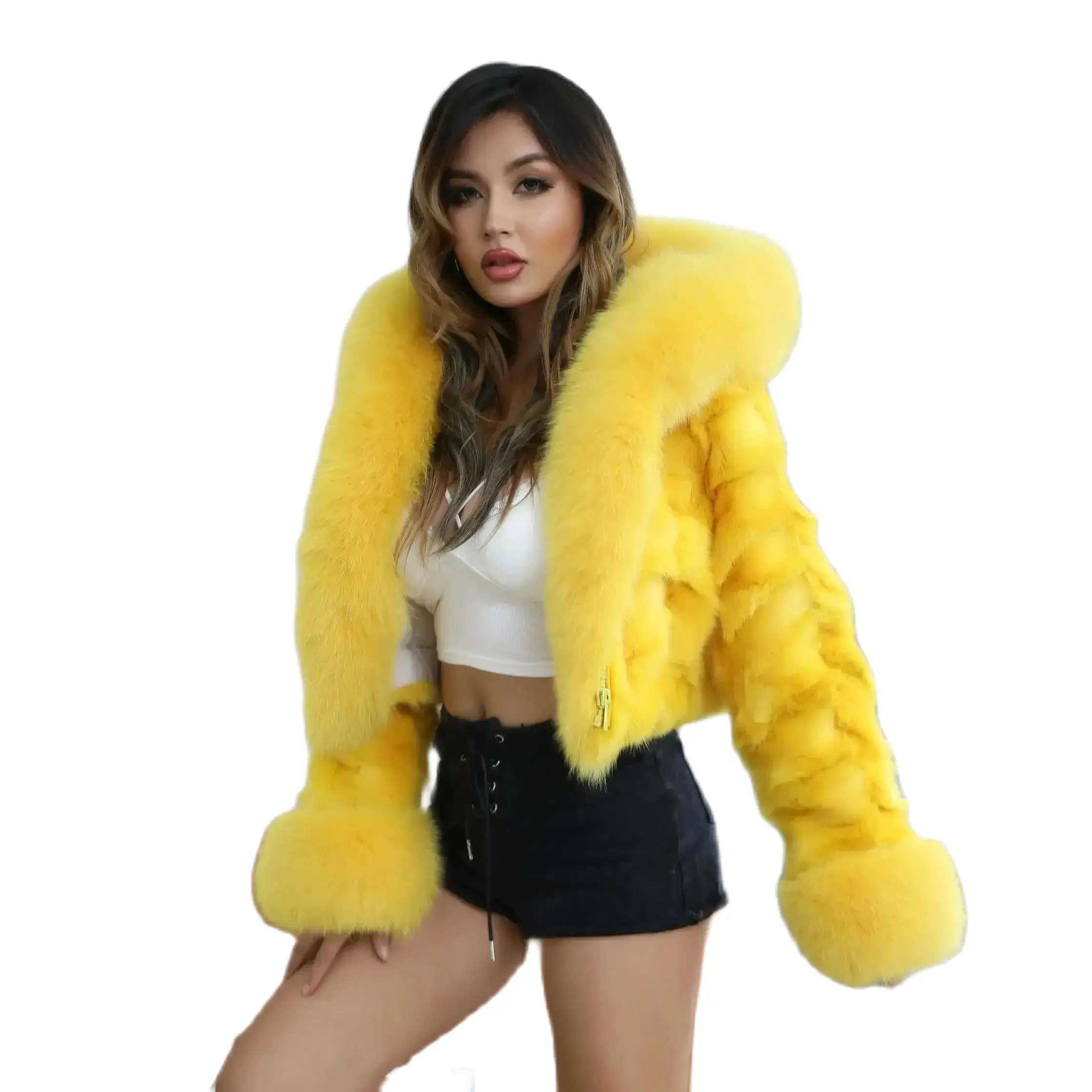 JANEFUR Real Fur Coat with Hood Women 2023 Luxury Fashion Short Plus Size Winter Natural Fox Fur Jacket