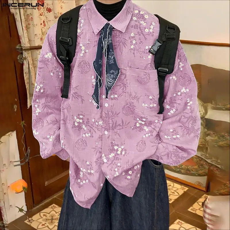 

INCERUN Мужская рубашка с лацканами и длинным рукавом, свободная мужская одежда, уличная одежда на пуговицах, модные повседневные топы в корейском стиле, мужские рубашки