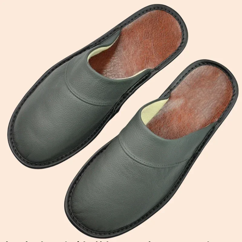 Cow Leather Slippers Unisex Big Sizes Linen Home Male Indoor House for Men\'s Slippers Women Man Slipper Luxury Soft Flat Shoes