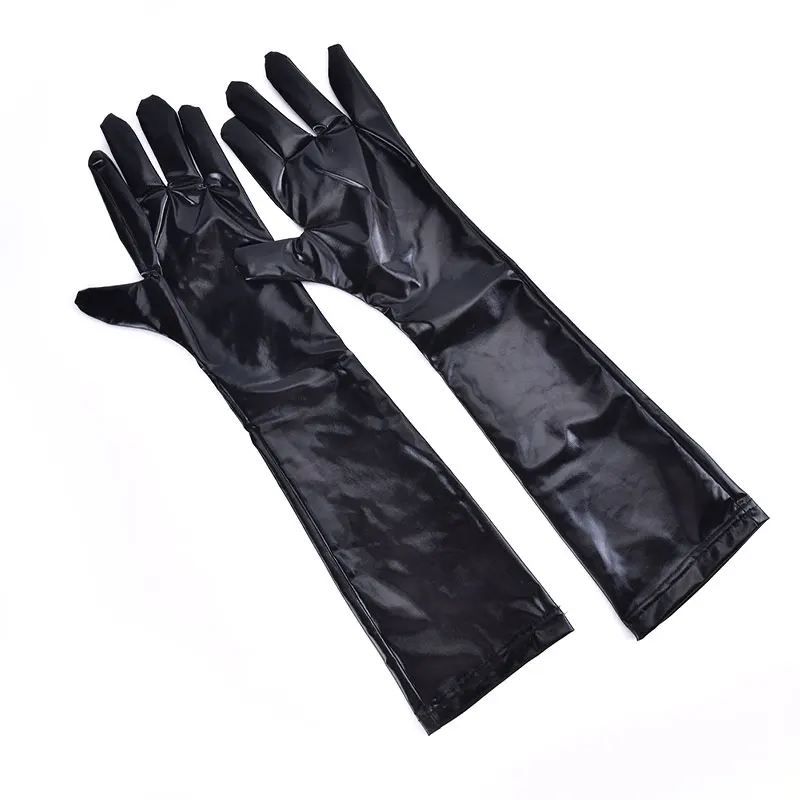 Punk Rock HipHop Jazz Disco Dance Glove Silver Sexy Stretch PU Leather Skinny Long Glove Shiny Metallic Mitten Cosplay Accessory