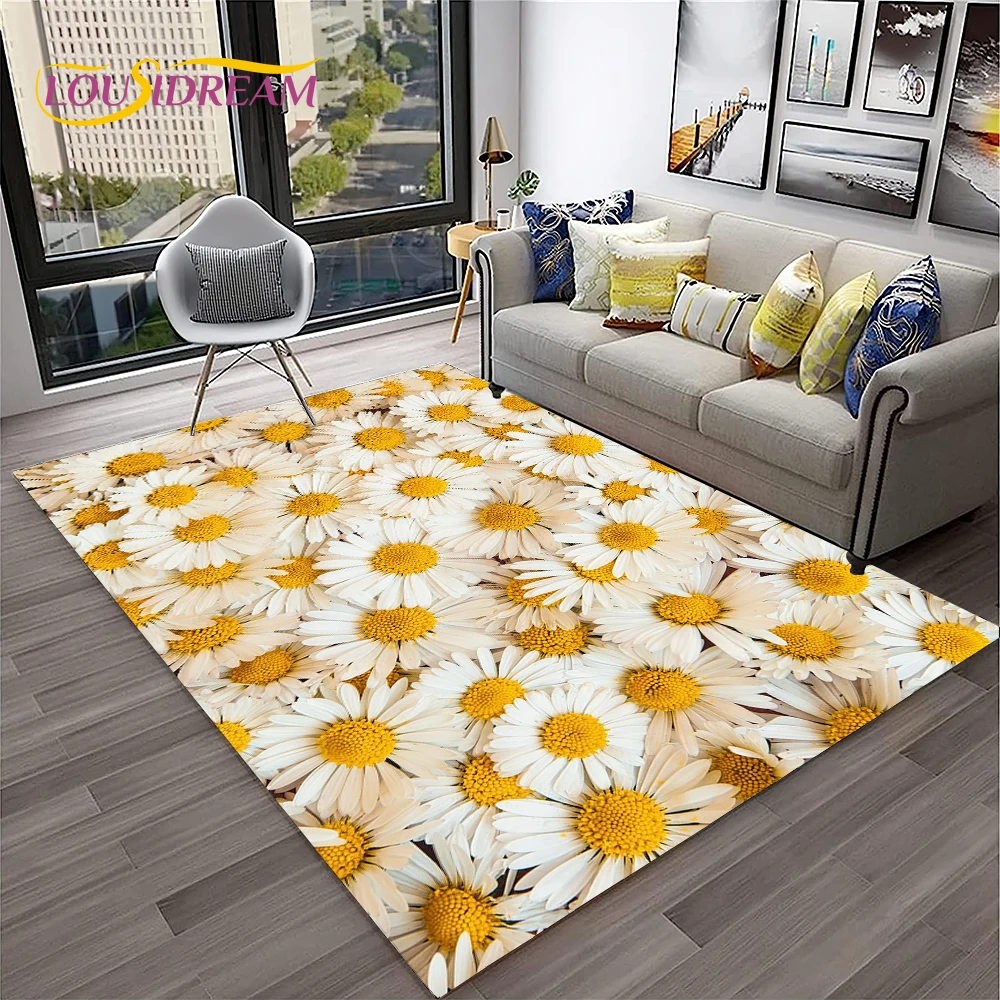 3D Daisy Nordic Sun Flowers HD Carpet Rug for Home Living Room Bedroom Sofa Doormat Decor,kids Play Area Rug Non-slip Floor Mat