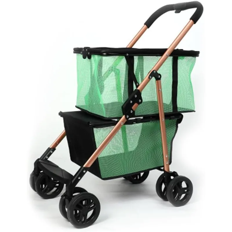 عربة تسوق قابلة للطي للبقالة بطبقتين، عربة تسوق محمولة ذات سلة مزدوجة مع 360 درجة °   عجلات دوارة