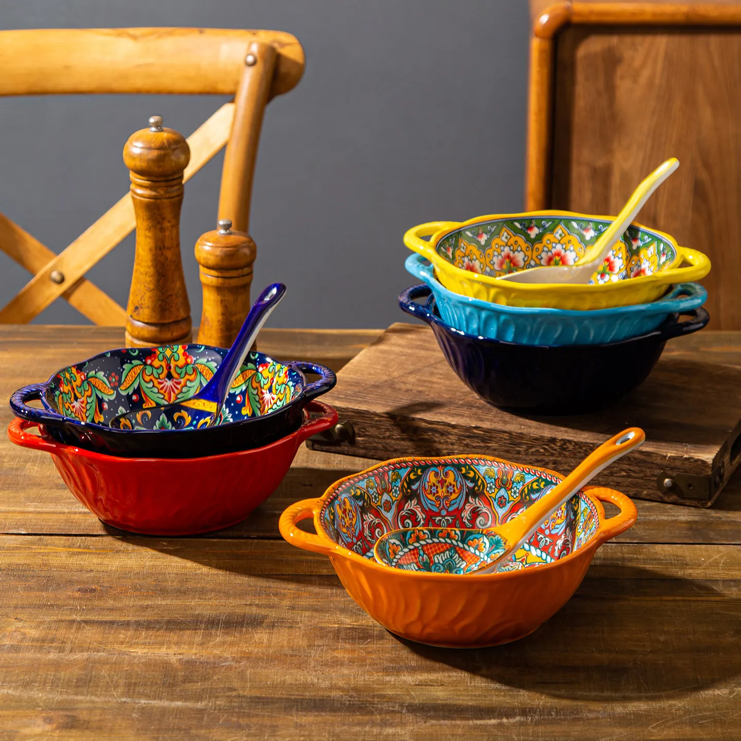 Bohemian Retro Ceramic Tureen Ceramic Double-Eared Soup Bowl Household Large Bowl For Soup