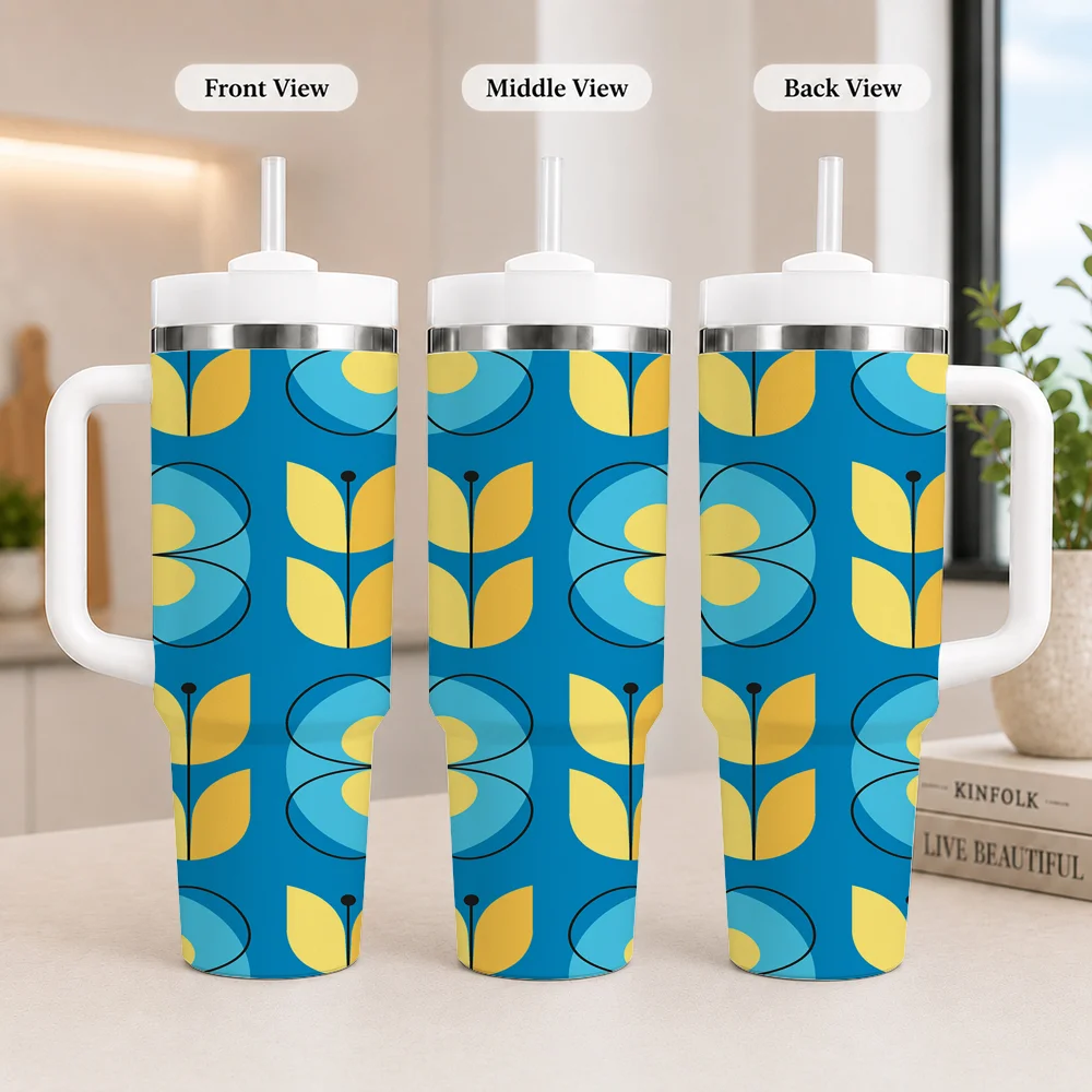 Blue Green Block Print Modern Art Vacuum Flasks 40oz Insulated Tumbler with Handle, Straw and Lid, Stainless Steel Travel Cup