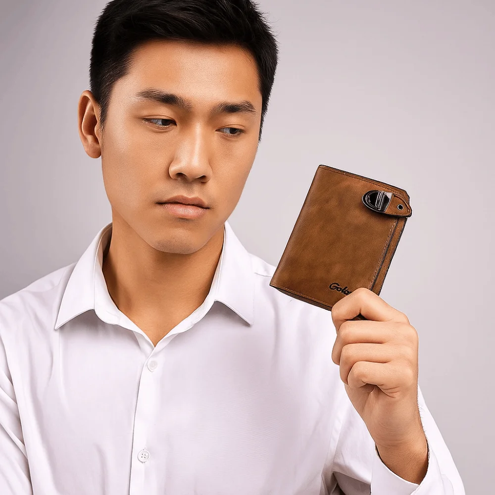 Draagbare herenportemonnee met ritssluiting, effen kleur, meerdere kaartsleuven, visitekaartjeshouder, korte gesp, leren portemonnee, cadeau