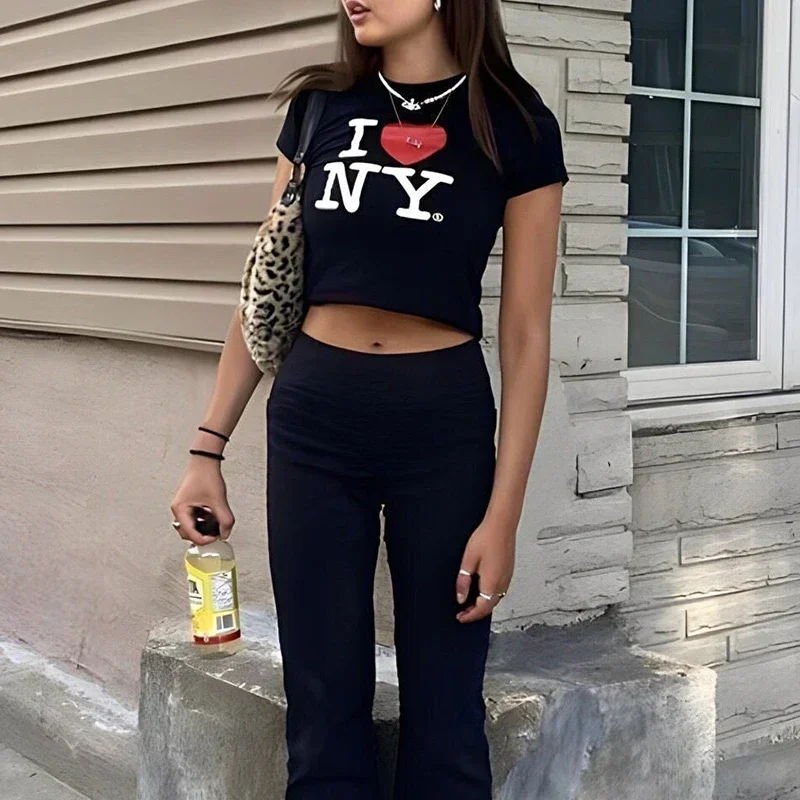 

I Love New York NY O-neck Women's Flat Head Harajuku Gothic Clothing Y2k Summer Fashion Versatile Short T-shirt 2000s T-shirt