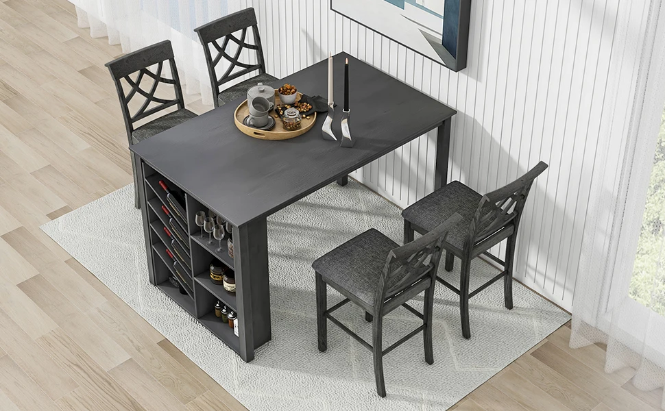 

TOPMAX Counter Height 5-piece Solid Wood Dining Table Set, 59*35.4Inch Table with Wine Rack and 4 Upholstered Chairs, Grey