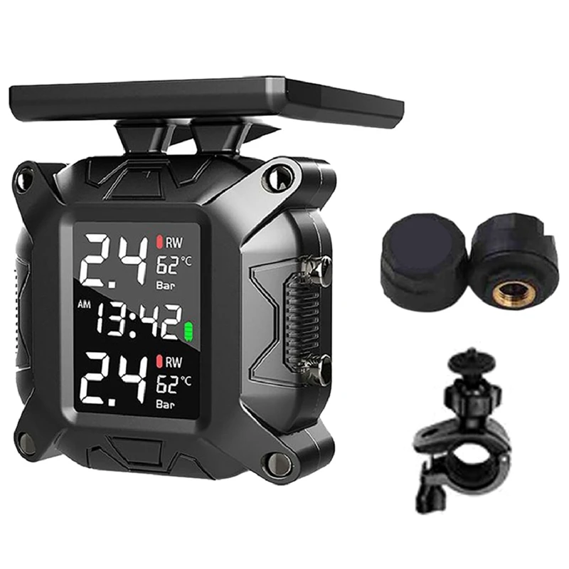 Wireless Motorcycle TPMS Tire Pressure Monitoring System Solar External Sensor Temperature Monitor Water Proof