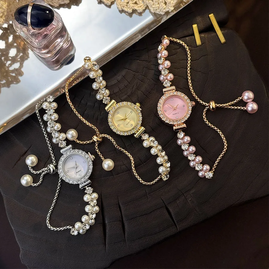 

Light Luxury Women's Quartz Watch with Pearl and Diamond Multi-color Dial Adjustable Pearl Tassel Strap Retro Elegant