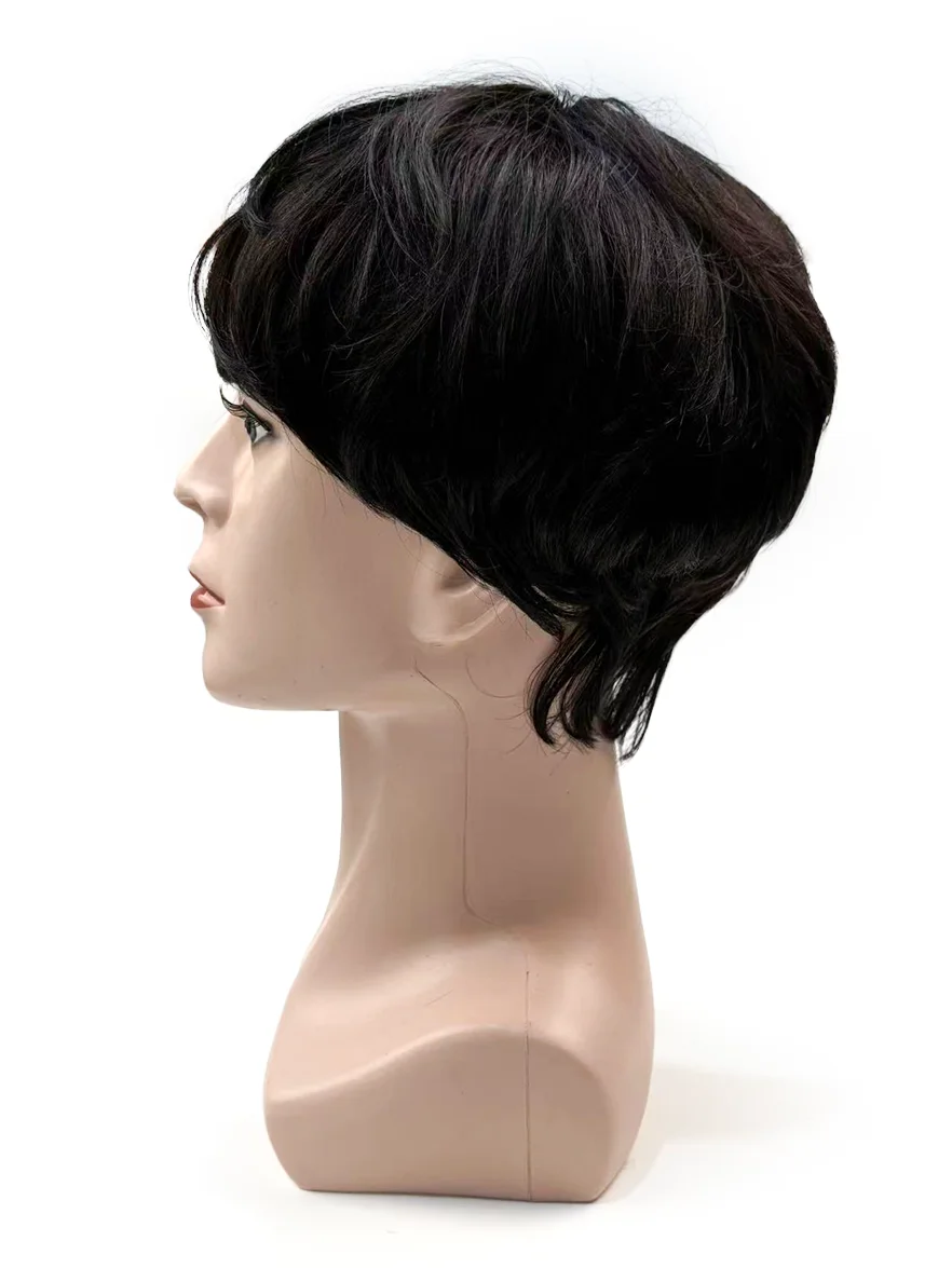OCK 100% Human Hair Mens Full Wig, Short Cut With Bangs, Machine-Made, Elastic Cotton Cap Construction