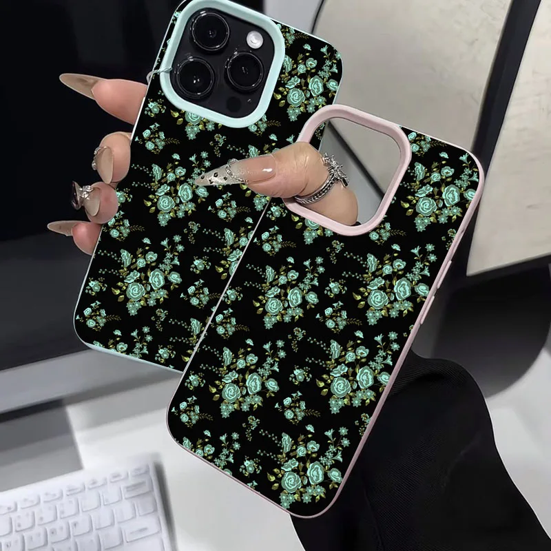 

Mysterious Night Green Flowers Phone Case For iPhone 14 15 16 Plus Pro 13 12 11 Pro Max XR XS X 8 7 SE 16E Laser Silicone Cover
