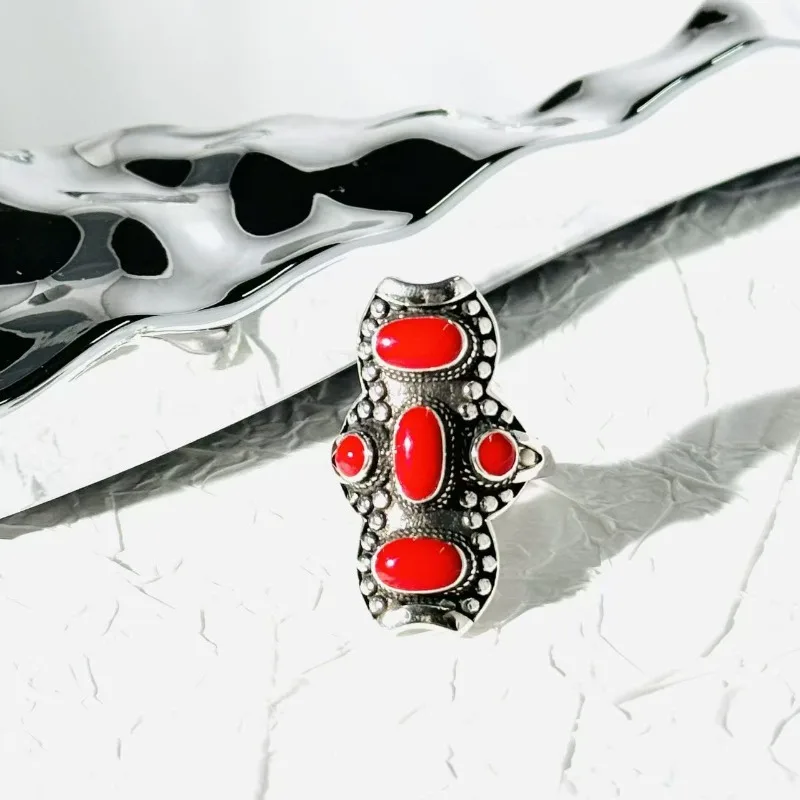 Ethnic style red turquoise ring, open ring, Tibetan style ring, retro jewelry, high-end retro gift